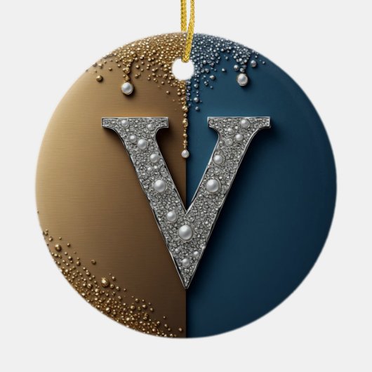 Buchstabe V Monogramm mit Diamanten Perlen Keramik Ornament (Vorne)