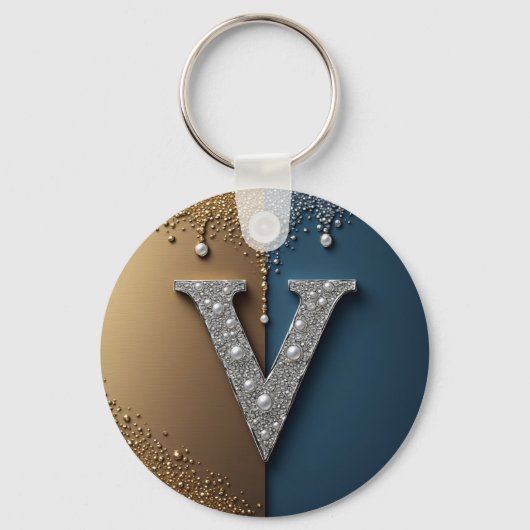 Buchstabe V Monogramm mit Diamanten Perlen Schlüsselanhänger (Vorderseite)