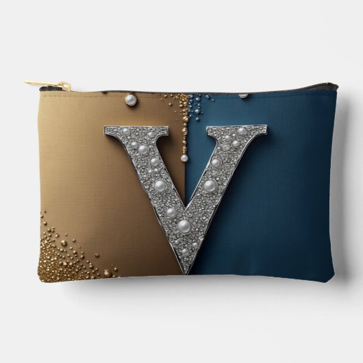 Buchstabe V Monogramm mit Diamanten Perlen Zubehörtasche (Vorderseite)