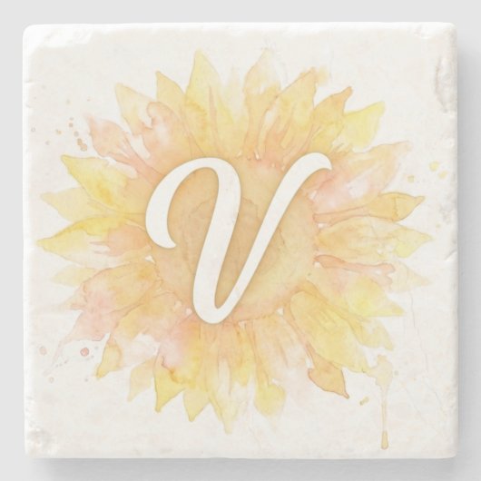 Buchstabe V Sonnenblume Vorname Monogramm Initiale Steinuntersetzer (Vorderseite)