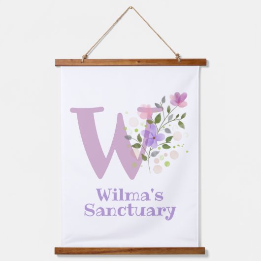 Buchstabe W plus Vorname mit Blumenmuster Wandteppich Mit Holzrahmen (Vorderseite)