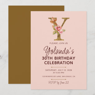 Buchstabe Y Gold Monogramm Blush Rosa Rosen Einladung