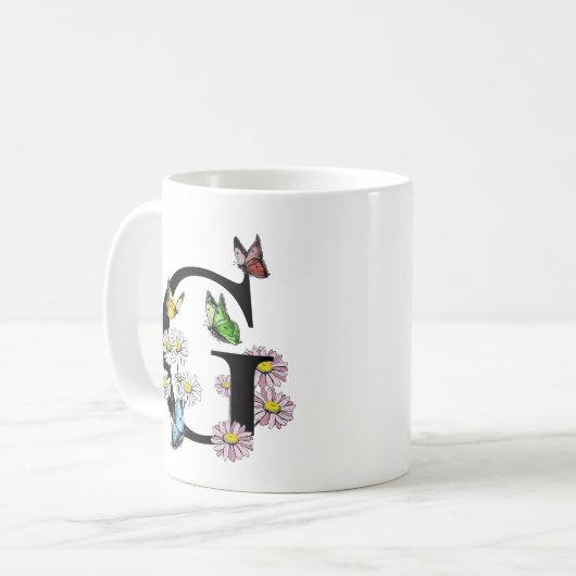 Buchstaben G Botanisches Farbenschmetterlingsmonog Kaffeetasse (Vorderseite Links)