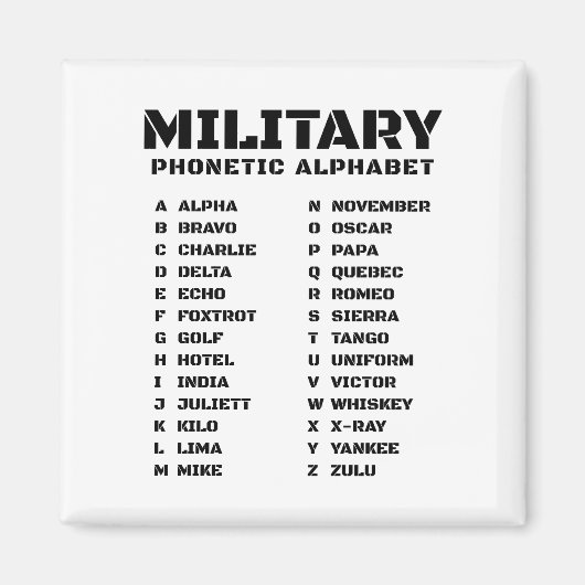 Buchstabiertafel für das Militär Magnet (Vorne)