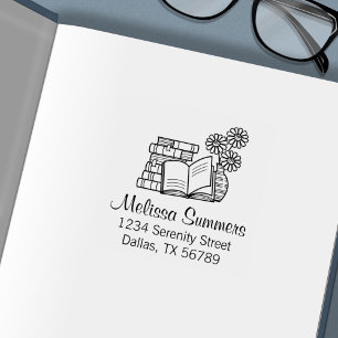 Buchstapel, Buch öffnen, Blume - Anschrift Permastempel