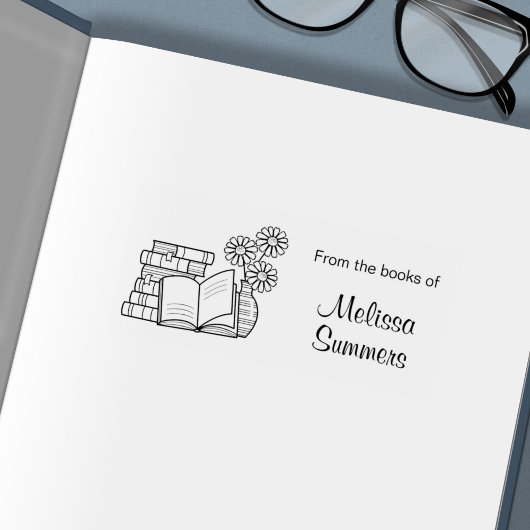 Buchstapel, Offenes Buch, Blume - Buchzeichen Permastempel