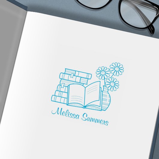 Buchstapel, Offenes Buch, Blume - Buchzeichen Permastempel