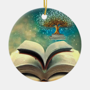 Buchstapelbaum und offene Bücher Keramik Ornament
