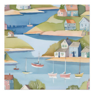 Bucht der Boote   Moderne Aquarellmalerei Poster