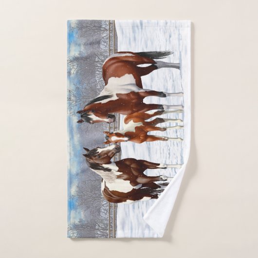 Bucht Pinto Paint Horns im Winter Schnee Badhandtuch Set (Handtuch)