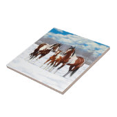 Bucht Pinto Paint Horns im Winter Schnee Fliese (Seite)