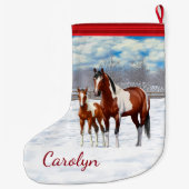 Bucht Pinto Paint Horns im Winter Schnee Großer Weihnachtsstrumpf (Rückseite)