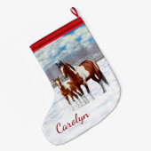 Bucht Pinto Paint Horns im Winter Schnee Großer Weihnachtsstrumpf (Rückseite (Hängend))