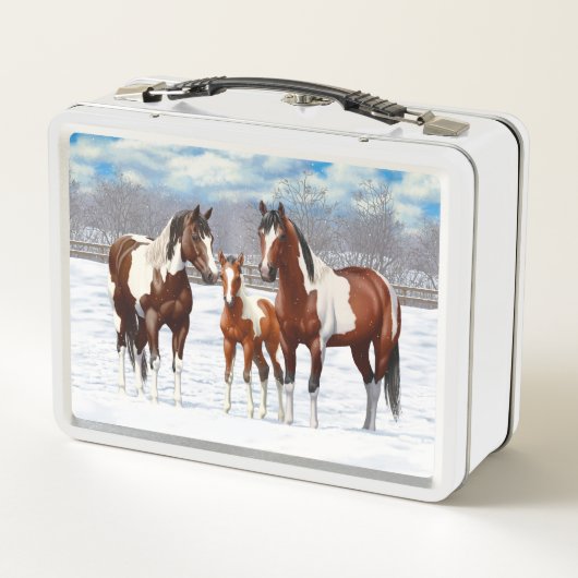 Bucht Pinto Paint Horns im Winter Schnee Metall Lunch Box (Rückseite)