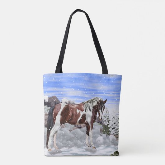 Bucht und Weiß Tobiano Paint Horse in Snow Tasche (Rückseite)