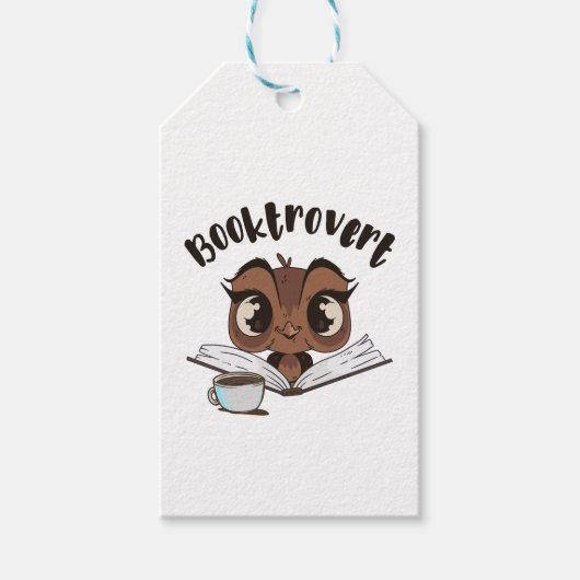 Buchtroverte Eule mit Buch und Kaffee Geschenkanhänger (Vorderseite)
