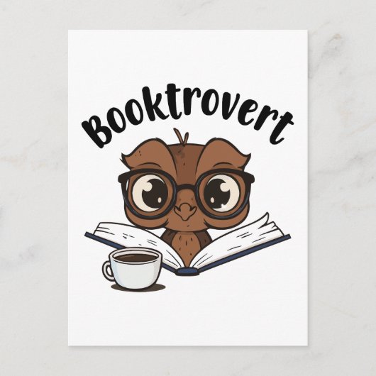 Buchtroverte Eule mit Buch und Kaffee Postkarte (Vorderseite)