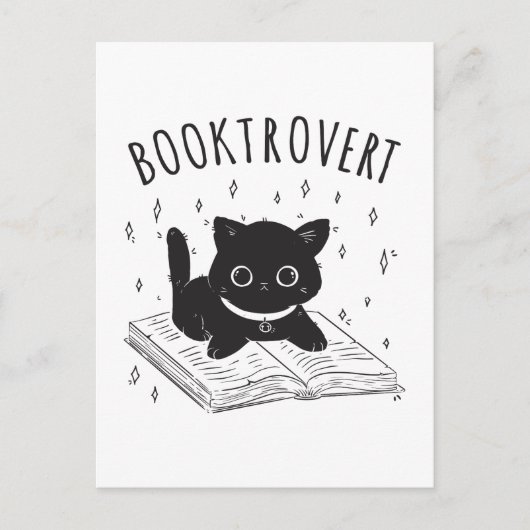 Buchtrovertekatze mit Buch und Sternen Postkarte (Vorderseite)