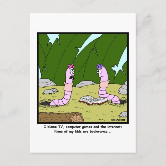 Buchwurm: Wurm-Cartoon Postkarte (Vorderseite)