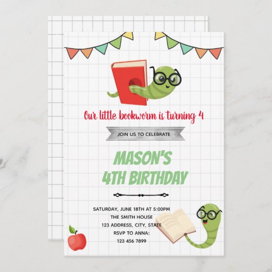 Buchwürmer Einladung zum Geburtstag (Vorne/Hinten)