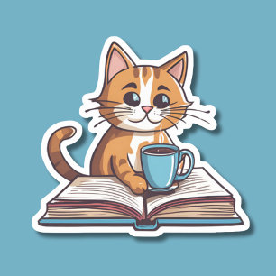 Buchwürmer Katze mit Kaffee wasserdicht Aufkleber
