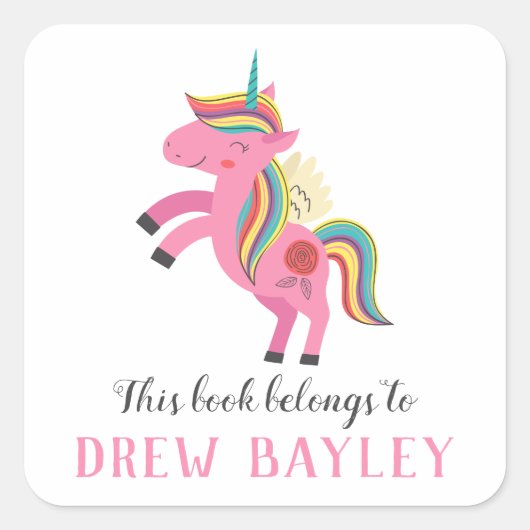 Buchzeichen-Bezeichnung für Einhorn-Bibliothek Quadratischer Aufkleber (Vorderseite)