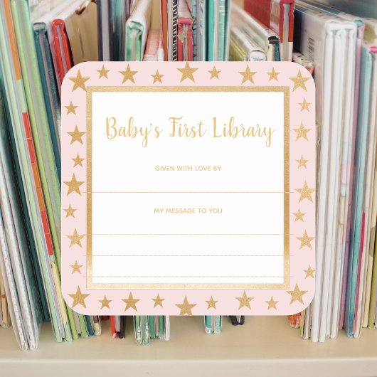Buchzeichen der ersten Bücherei des Babys, Rosa ro Quadratischer Aufkleber