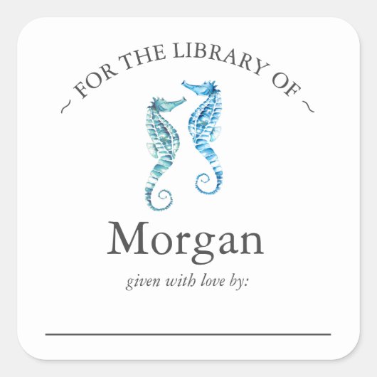 Buchzeichen für Aquarellblau-Seepferde Quadratischer Aufkleber (Vorderseite)