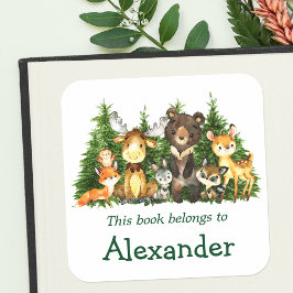 Buchzeichen für Waldtiere in Wasserfarben Quadratischer Aufkleber