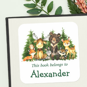 Buchzeichen für Waldtiere in Wasserfarben Quadratischer Aufkleber