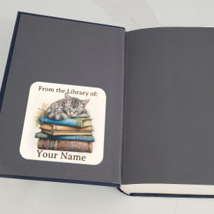 Buchzeichen mit Cat Lying on Books Quadratischer Aufkleber