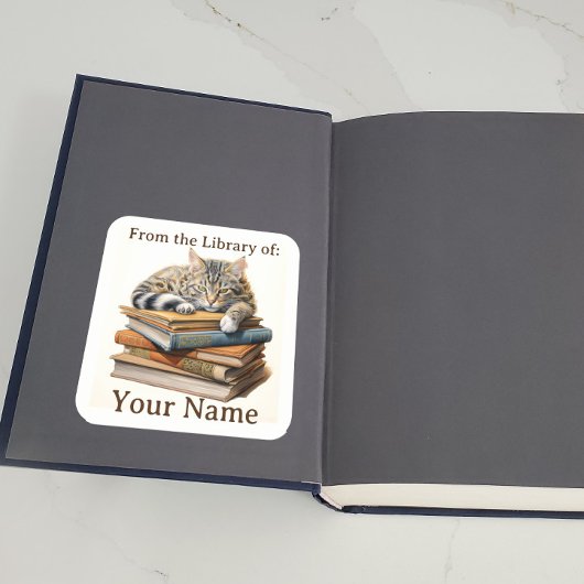 Buchzeichen mit Cat on Books Quadratischer Aufkleber