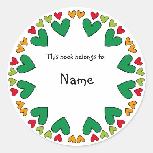 Buchzeichen mit niedlicher, grüner und roter Herzg Runder Aufkleber (Vorderseite)