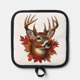 Buck Deal umgeben von Herbstblättern Topflappen