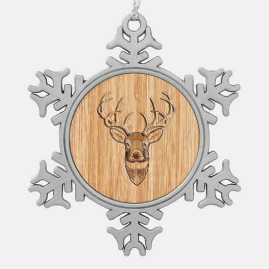 Buck Deer Head Holz Grain Style Dekoration Schneeflocken Zinn-Ornament (Vorderseite)