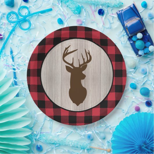 Buck Deer Silhouette Lumberjack Buffalo Kariert Pappteller (Party)