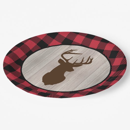 Buck Deer Silhouette Lumberjack Buffalo Kariert Pappteller (Schrägansicht)