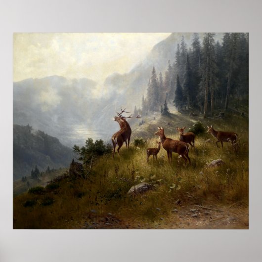 Buck & Doe Deer Herde im Wald Landschaft Kunst Poster (Vorne)