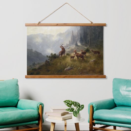 Buck & Doe Deer Herde im Wald Landschaft Kunst Wandteppich Mit Holzrahmen (Wohnzimmer)