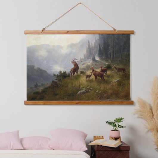 Buck & Doe Deer Herde im Wald Landschaft Kunst Wandteppich Mit Holzrahmen (Schlafzimmer)