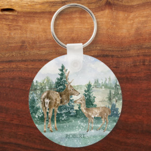 Buck Doe Snow Forest Winter Scene Monogram Schlüsselanhänger