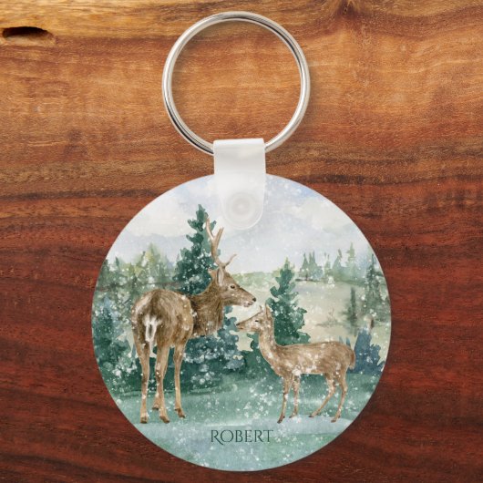 Buck Doe Snow Forest Winter Scene Monogram Schlüsselanhänger (Vorderseite)