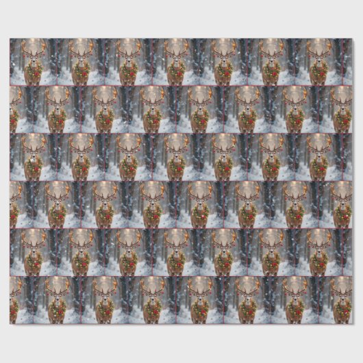 Buck In Snowflakes Wearing a Holiday Wreath Geschenkpapier (Flach)