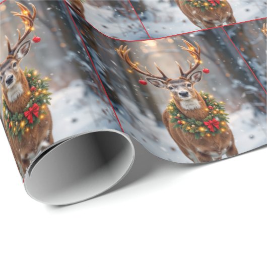 Buck In Snowflakes Wearing a Holiday Wreath Geschenkpapier (Rolleneckpunkt)