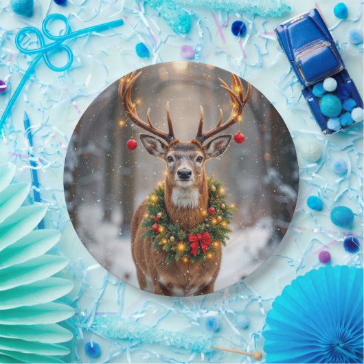 Buck In Snowflakes Wearing a Holiday Wreath Pappteller (Party)