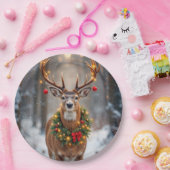 Buck In Snowflakes Wearing a Holiday Wreath Pappteller (Party)