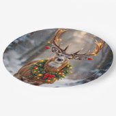 Buck In Snowflakes Wearing a Holiday Wreath Pappteller (Schrägansicht)