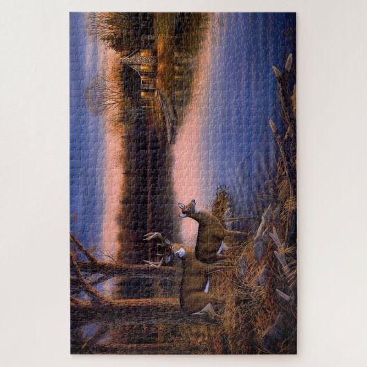 Buck n Doe Deer in der Hütte am See Puzzle (Vertikal)