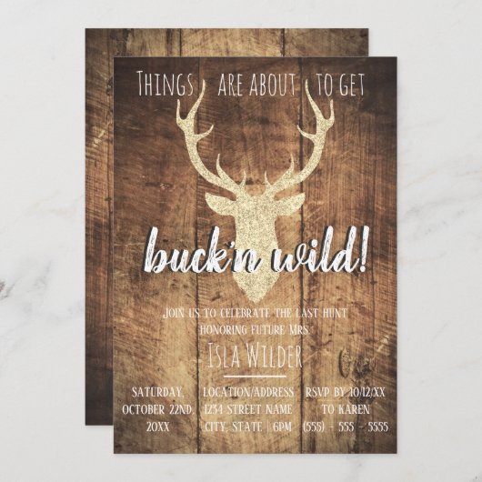Buck n Wild letzte Jagd Rustikaler Junggeselinnen- Einladung (Vorne/Hinten)