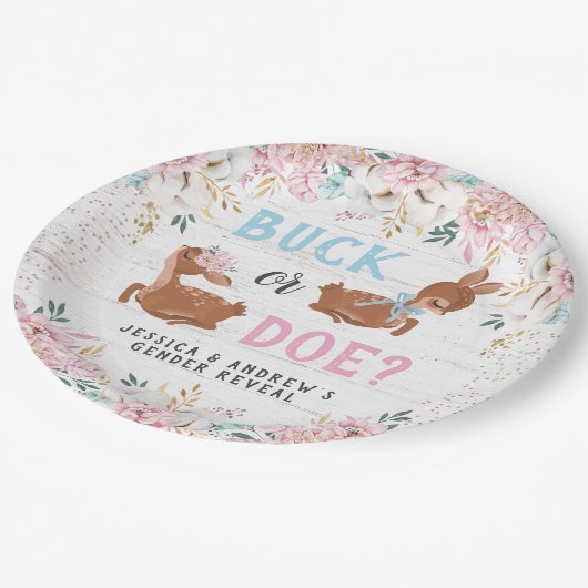 Buck oder Doe? Baby Shower Reveal Pappteller (Schrägansicht)